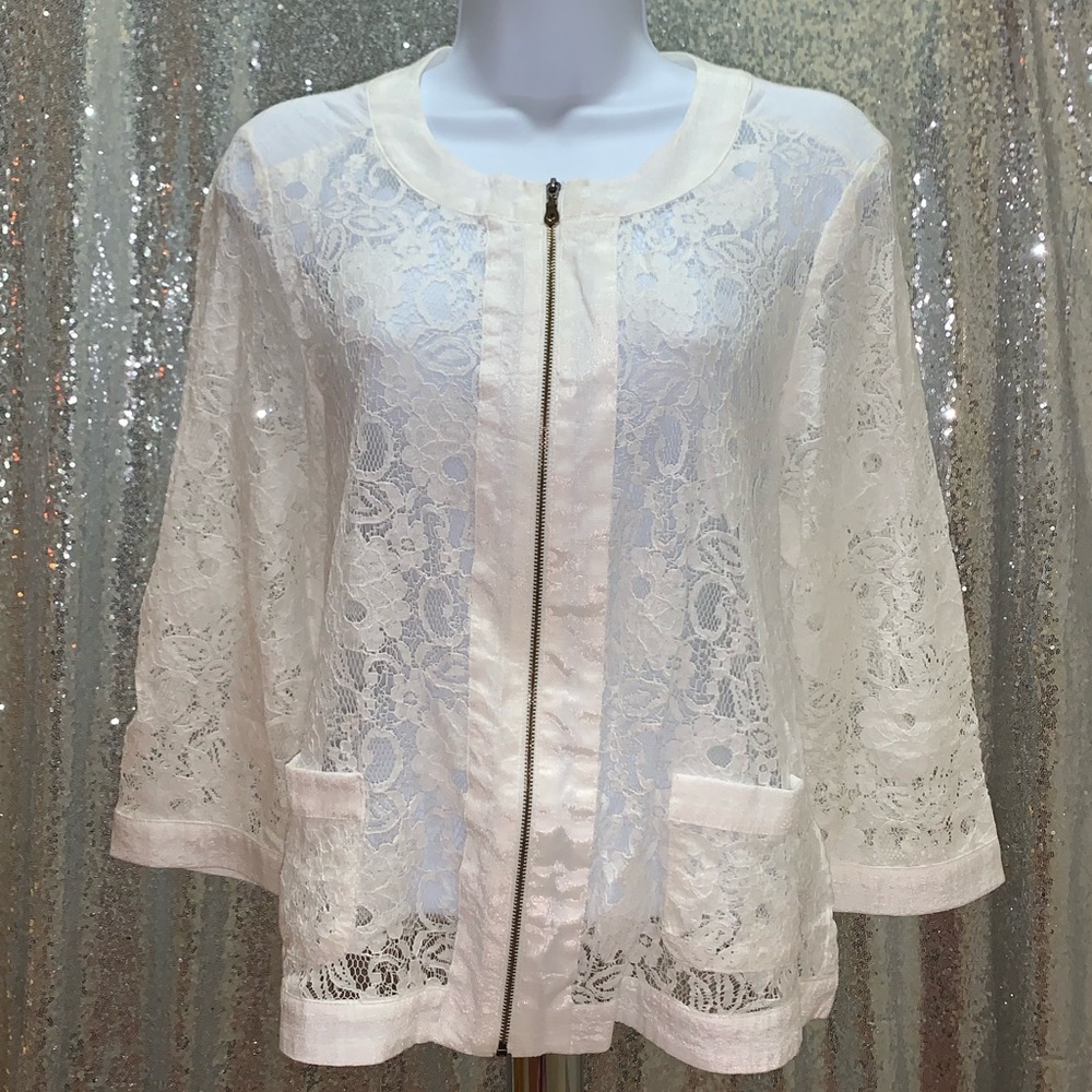 Spence large off white lace blouse zip up sheer